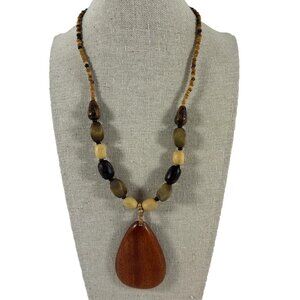 Wood Beaded Ethnic Necklace Wooden Teardrop Pendant 18-23" Silver Tone Clasp